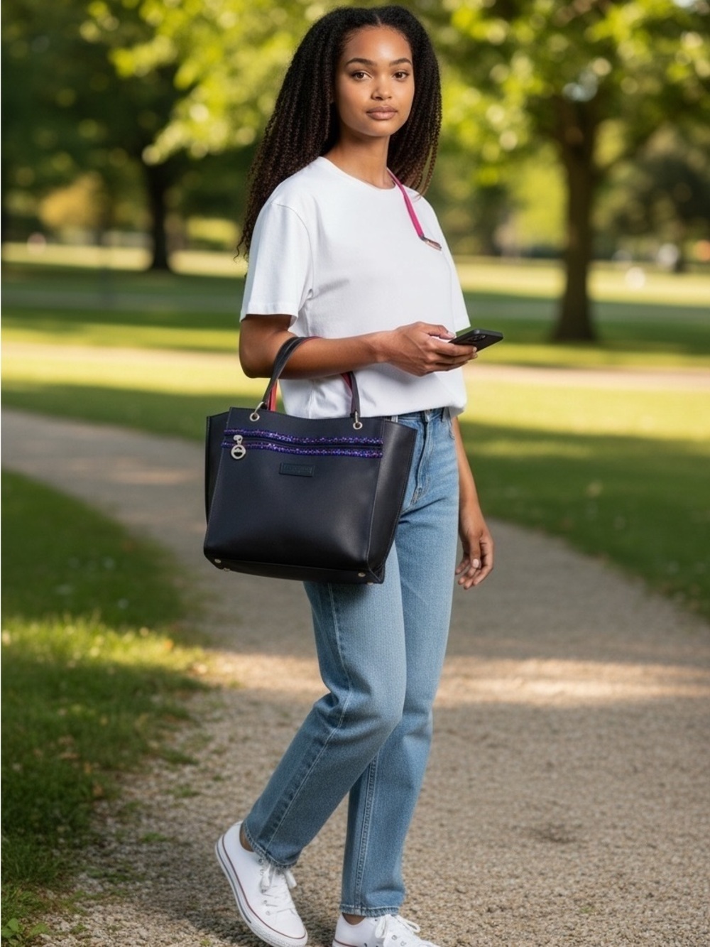 Authentic longchamp navy canvas with pink trim handles and multicolor zip bag